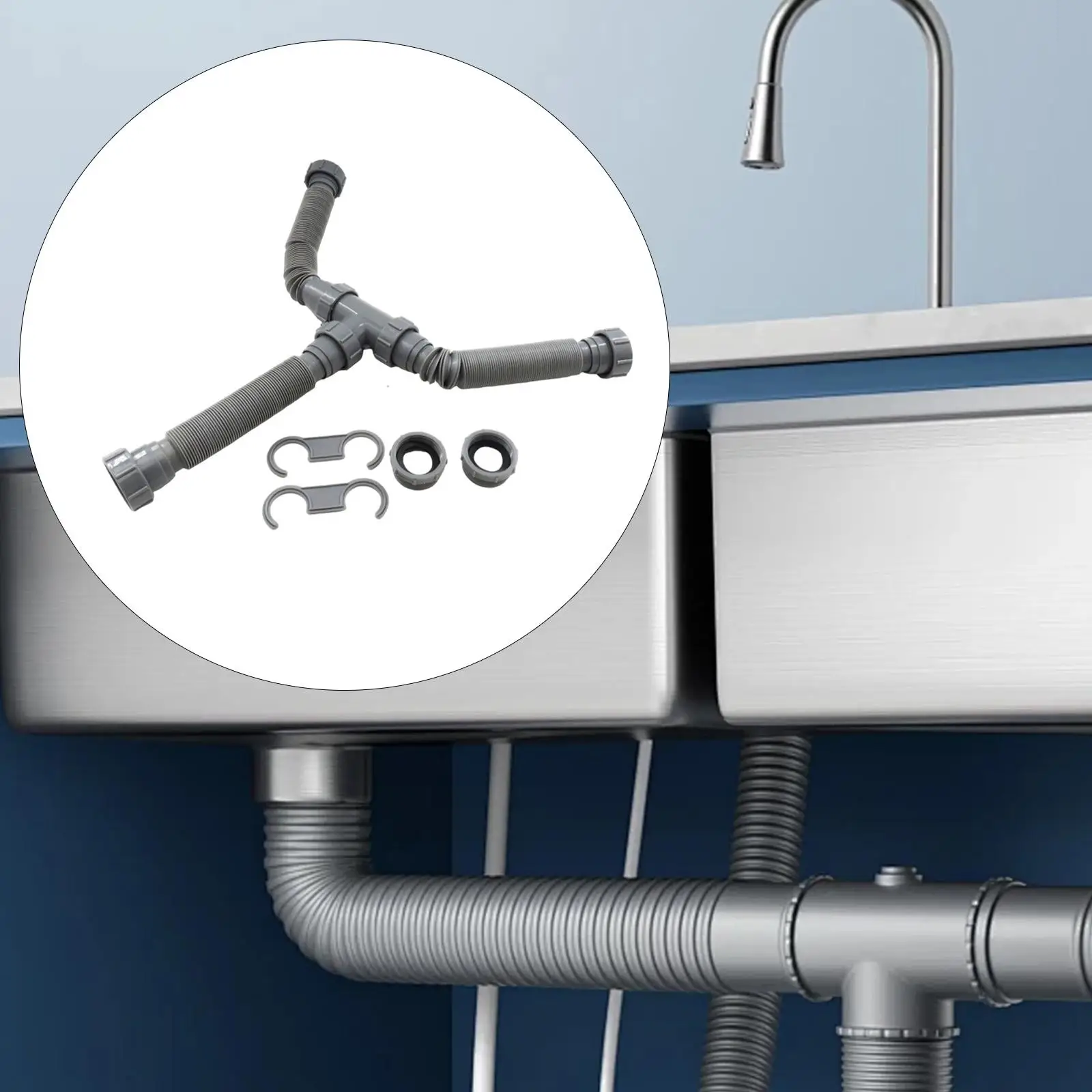 Kitchen Drain Tubing Pipe Kit Extendable P Trap Plastic Gray Easy Maintenance Tight Seal for Double Bowl Sink