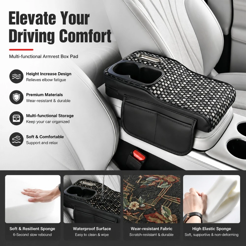 High-Low Style Car Armrest Cushion with Dual Side Pockets, Dual Cup Holders & Tissue Box, Universal for Most Cars SUVs