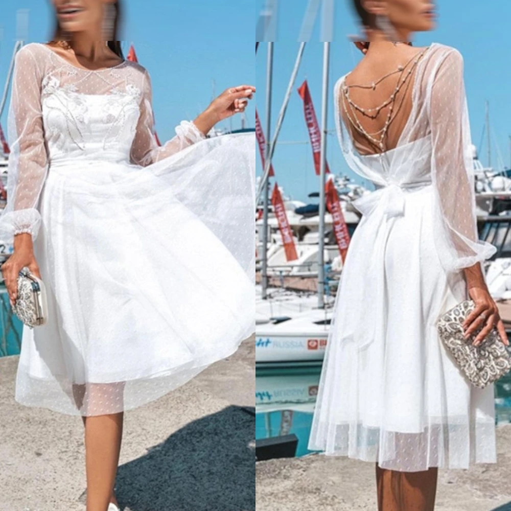 

Customized White Knee Length A-LineWedding Dress Exquisite Ruched Scoop High Quality Bridal Party Delicate Bridal Gowns