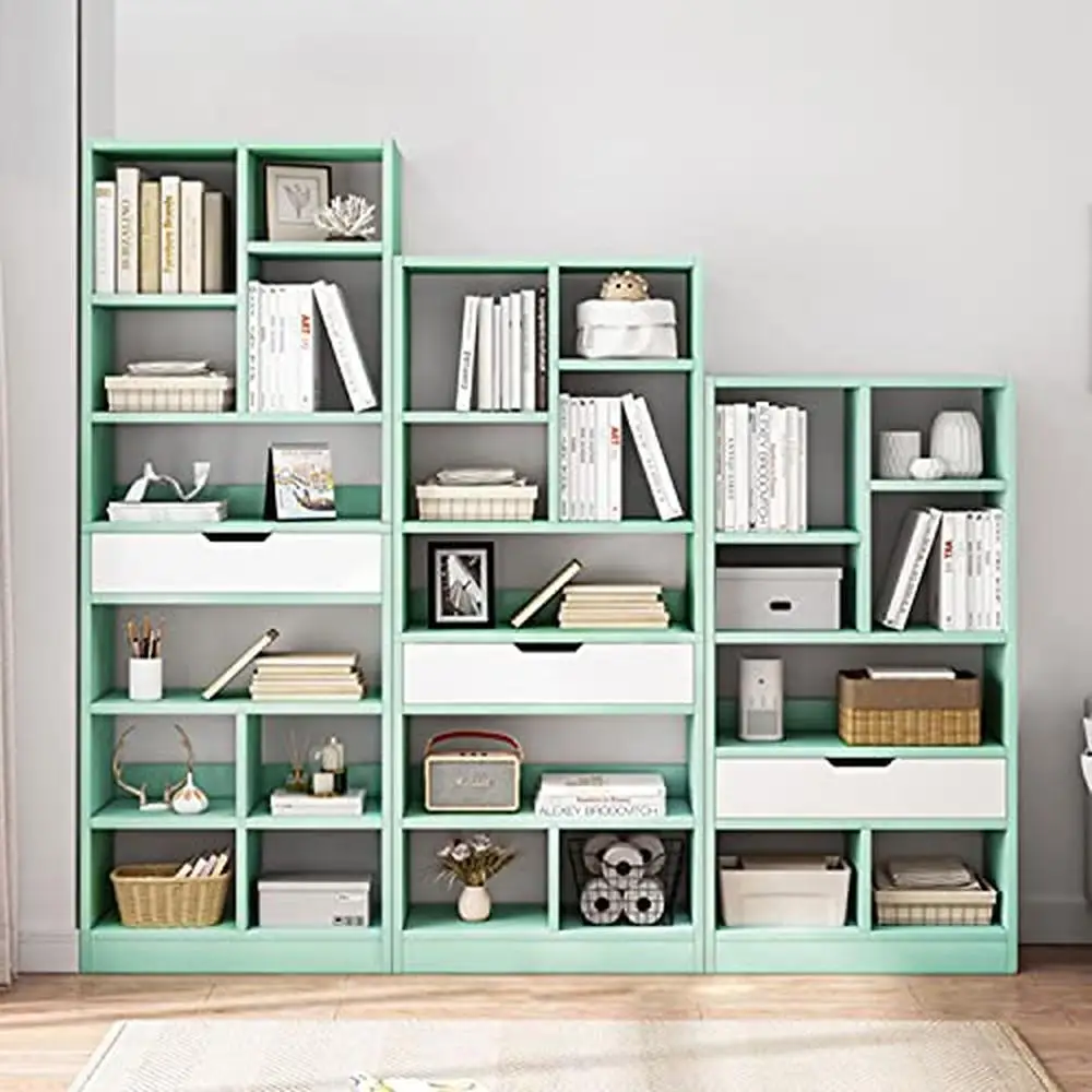 Minimalist 61" Tall Wooden Open Shelf Bookcase with 8 Cubes and Drawer Storage