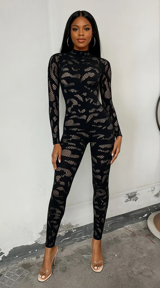 Damen-Jumpsuit aus transparenter Spitze, langärmelig, figurbetont, einteiliges Outfit, abstraktes, durchsichtiges, enganliegendes Jumpsuit für Party, Nachtclub und Clubwear. – Detail 2