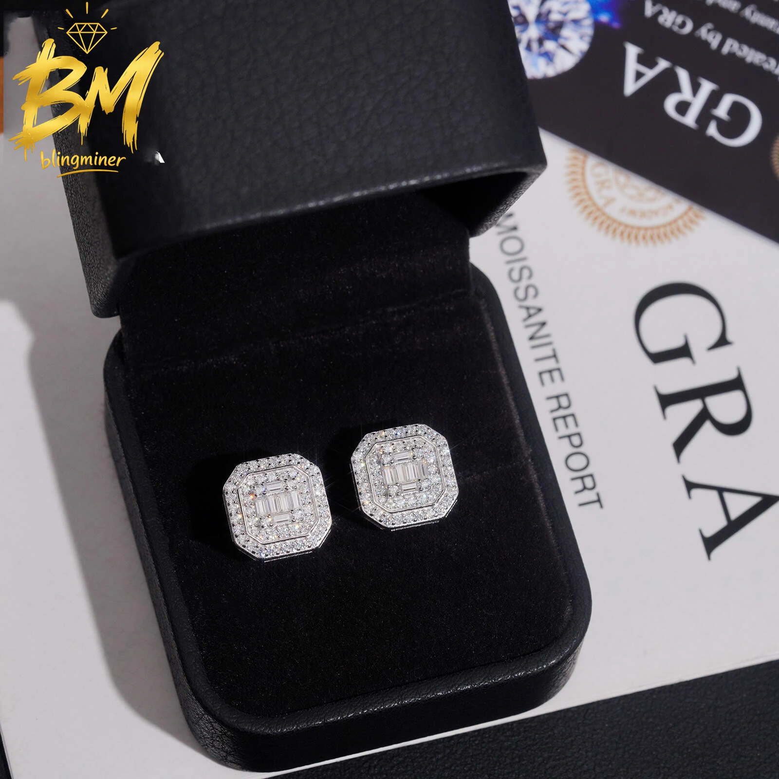 Blingminer New 12mm Hip Hop VVS Moissanite Earrings For Men Women S925 Silver Ear Studs Jewelry Pass Diamonds Tester Free Shippi