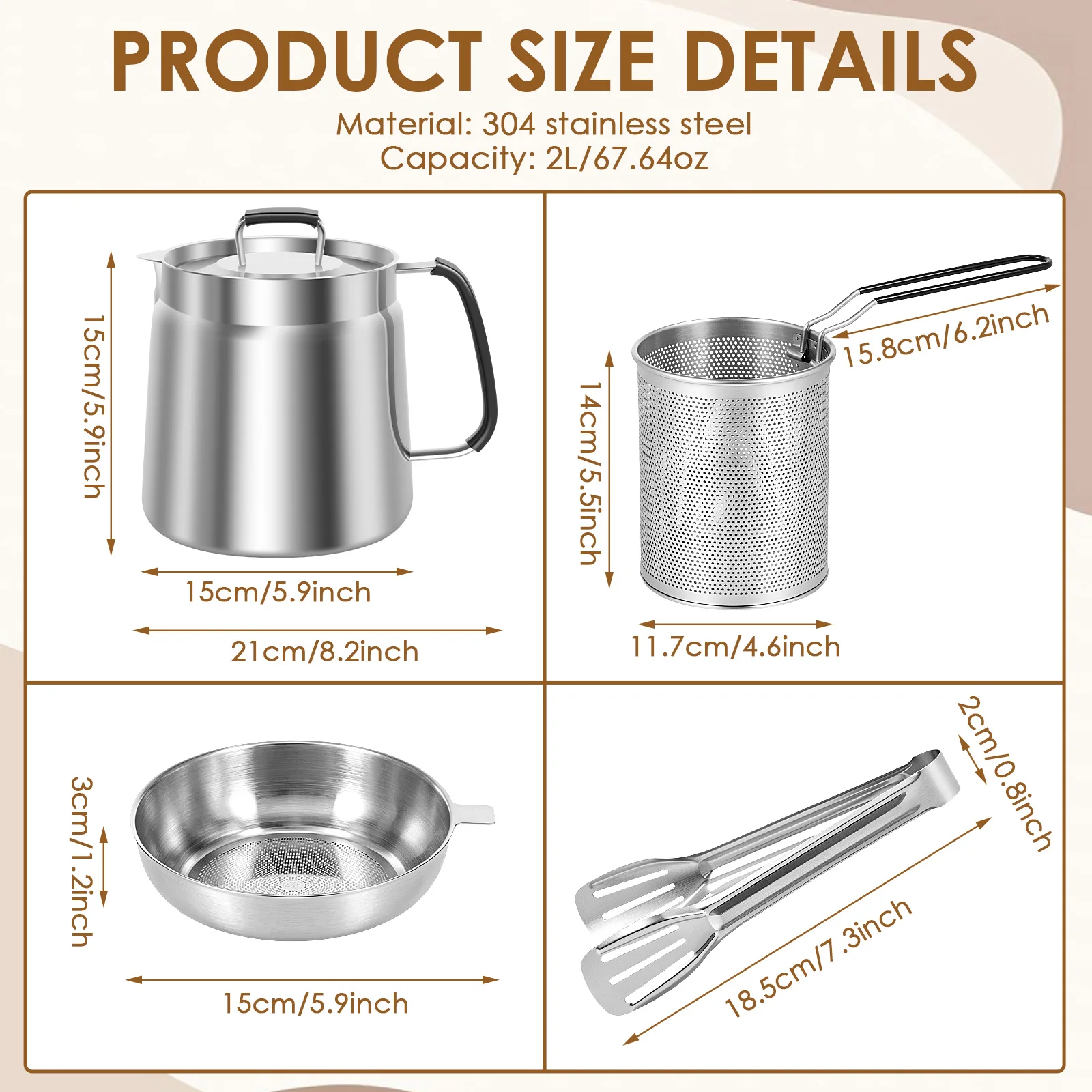 304 Stainless Steel Oil Filter Pot with Strainer and Dust-proof Lid Double Filtration Deep Fryer Basket for Home Kitchen Camping