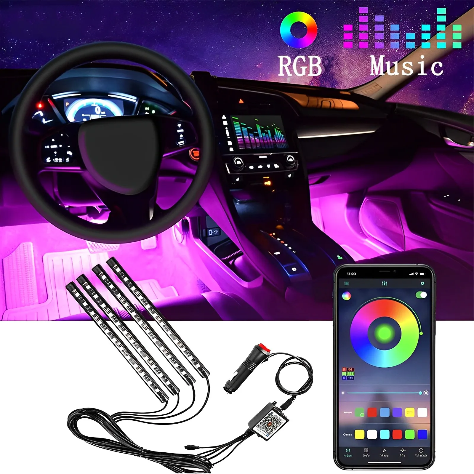 Car Foot LED Ambient Light with USB Wireless Remote Backlight Music Control App RGB Car Styling Auto Decorative Atmosphere Lamp