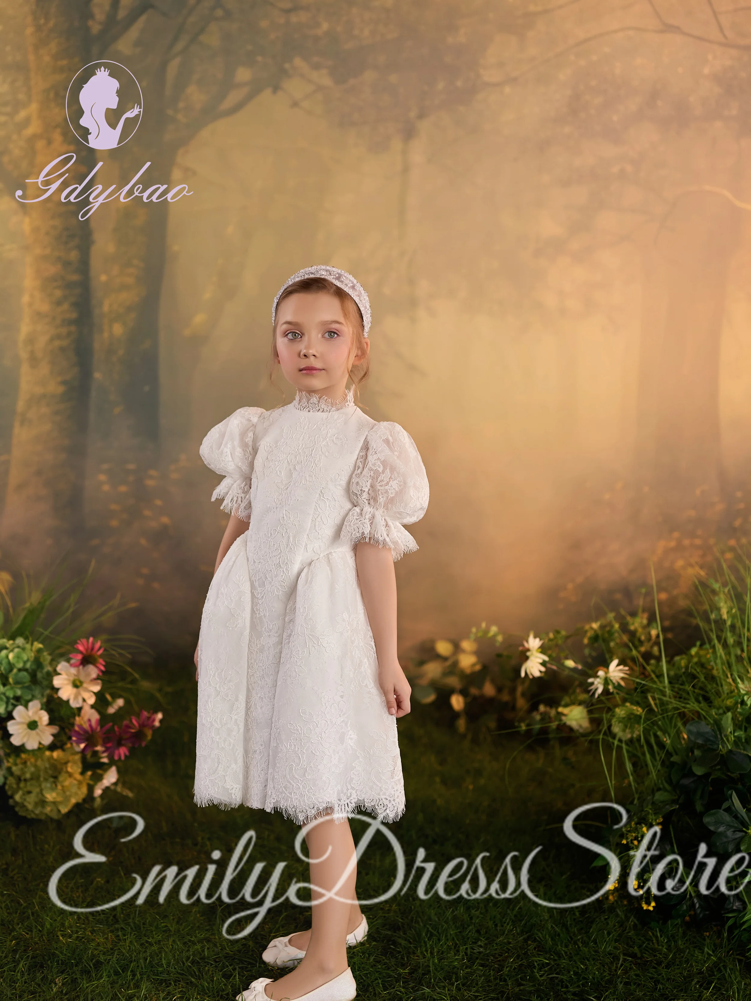 Ivory Flower Girl Dress for Wedding With Bow 3d Applique Lace Tulle Tight Kids Birthday Party Custom First Communion Ball Gown