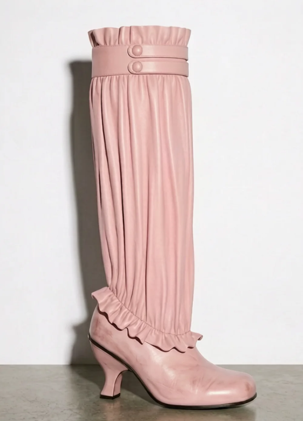 Fashion Leather Square-Toe Boots Scalloped Ruffle Trim Cinched Strap Cuff Low Heel Design Ruched Leg Knee-High Boots