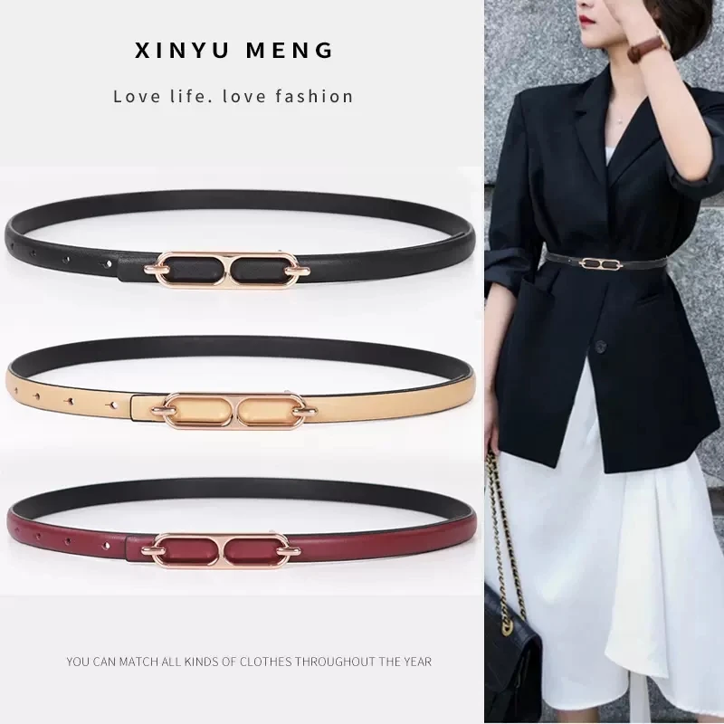 

Women Belt Genuine Leather Ladies Waistband For Coat With Gold Buckle Luxury Strap Dress Skirt Waist Elastic Thin Belts