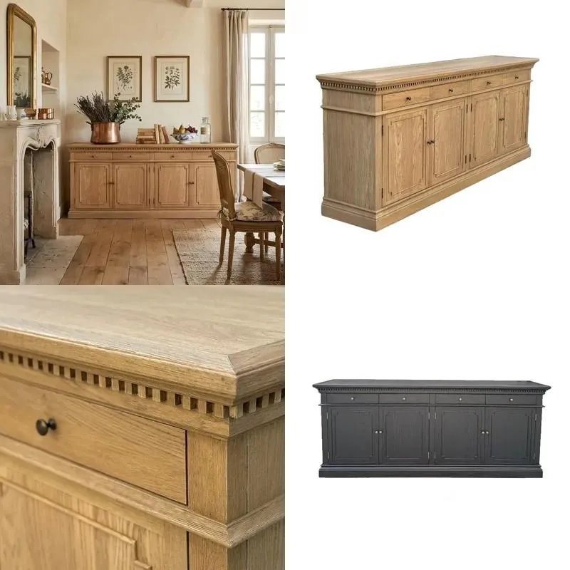 French Solid Wood Carved Buffet Side Cabinet 3 Drawers Antique Farmhouse Kitchen Dining Table Storage Cabinet