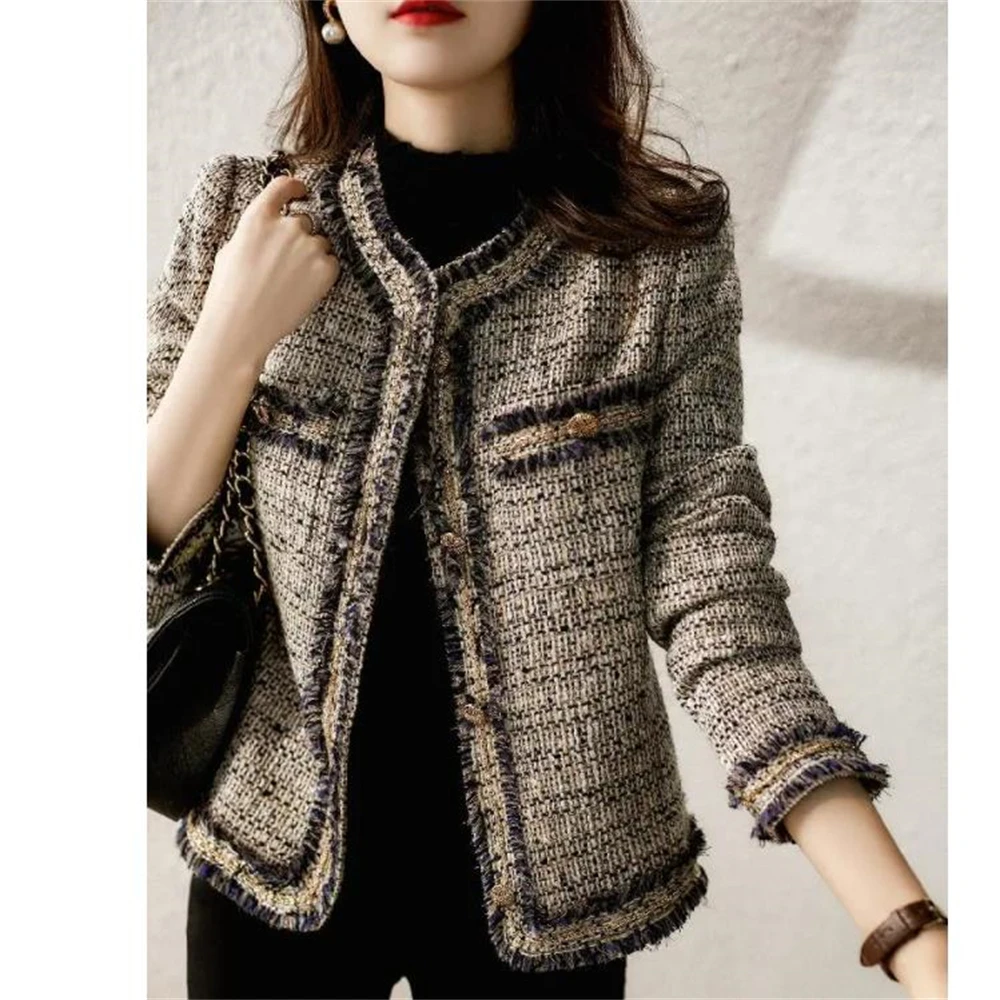 Giacca da abito corta in tweed profumato piccolo di alta qualità Donna Primavera Autunno Capispalla Nuove signore Retro Top femminili Cappotti slim