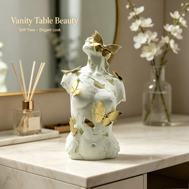 Abstract Female Bust with Gold Butterflies, Resin Art Sculpture for Home Office Decor & Gift
