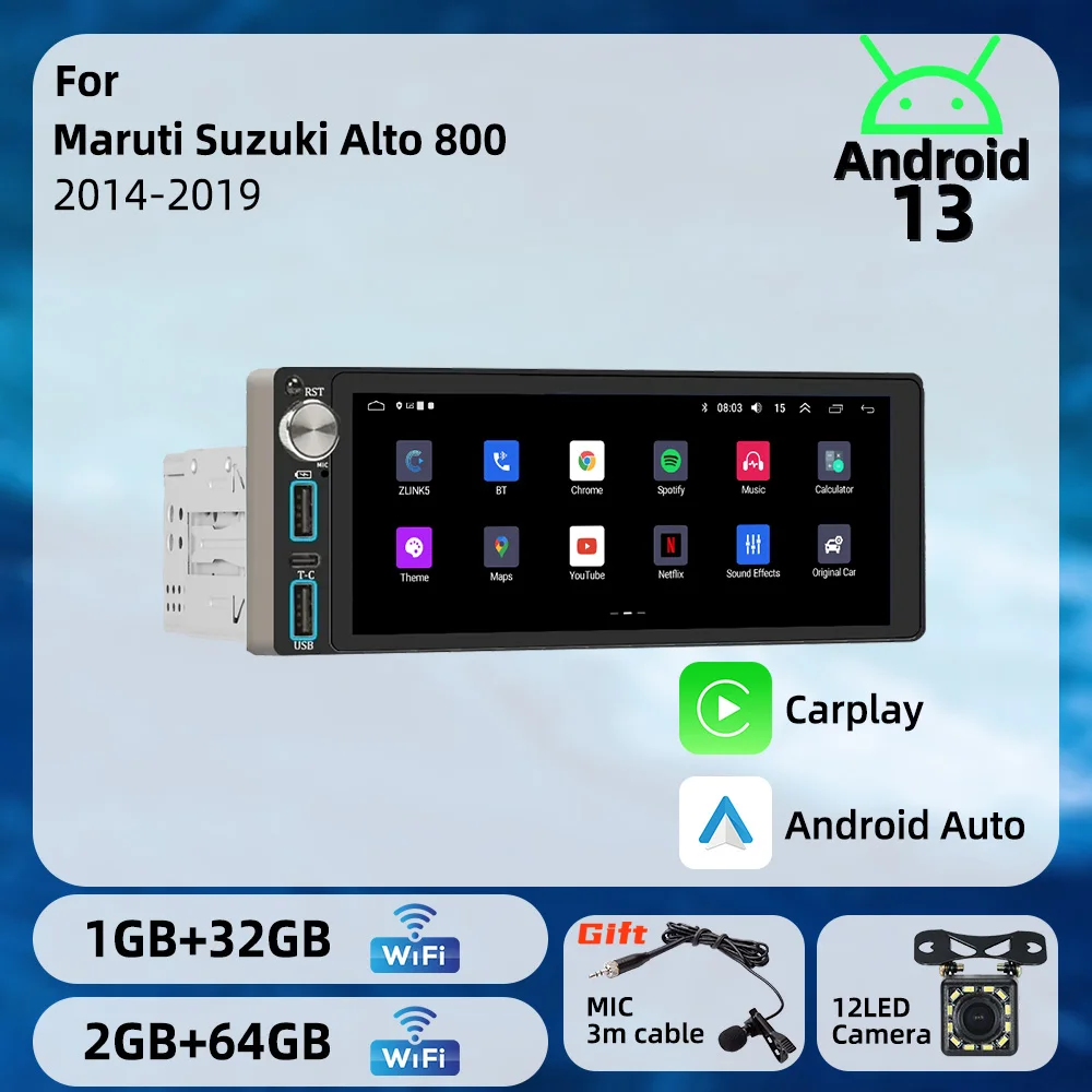 

Автомагнитола 1 DIN с беспроводным CarPlay и Android Auto, 6,86 дюйма, для Maruti Suzuki Alto 800 2014-2019, GPS-навигация