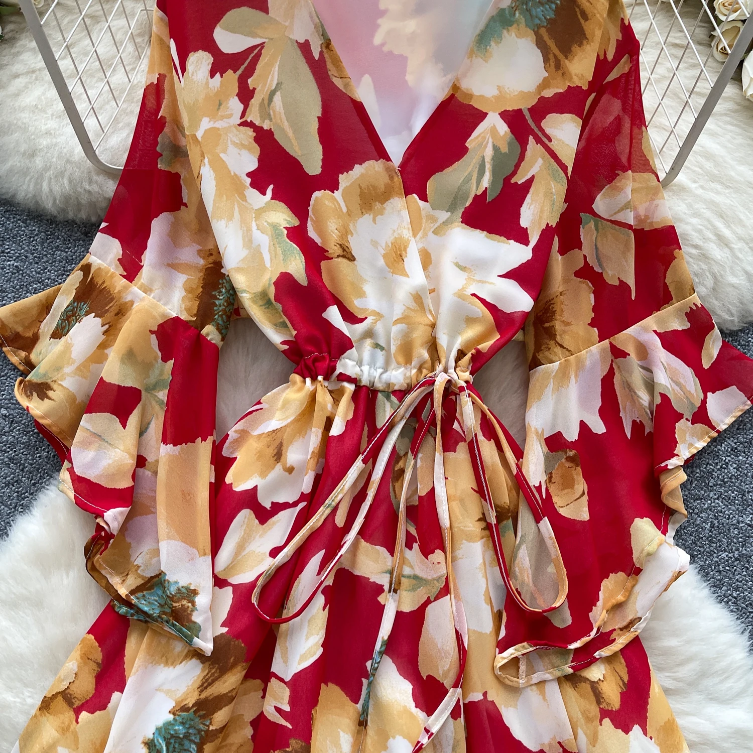 Elegancka, seksowna sukienka letnia w stylu vintage, z dekoltem w serek, szyfonowa, z nadrukiem, dopasowana, w stylu koreańskim, boho, odzież damska.