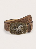 1pc Women's Western Cowgirl Antique Gold Buckle Printed Belt, Suitable For Daily Use