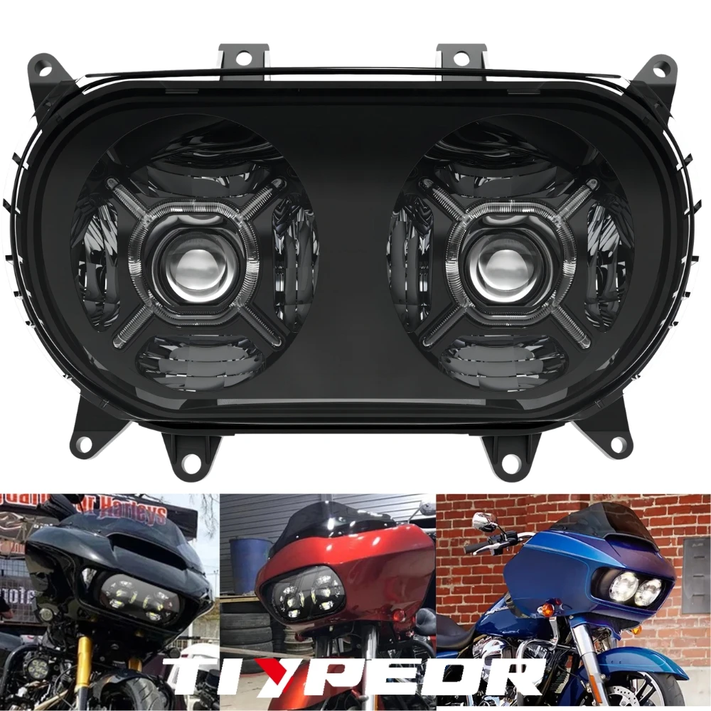 TIYPEOR Motorcycle Headlamp For Harley Road Glide 124W Dual LED Project Headlight with DRL H4 For Harley Road Glide 2015-2020