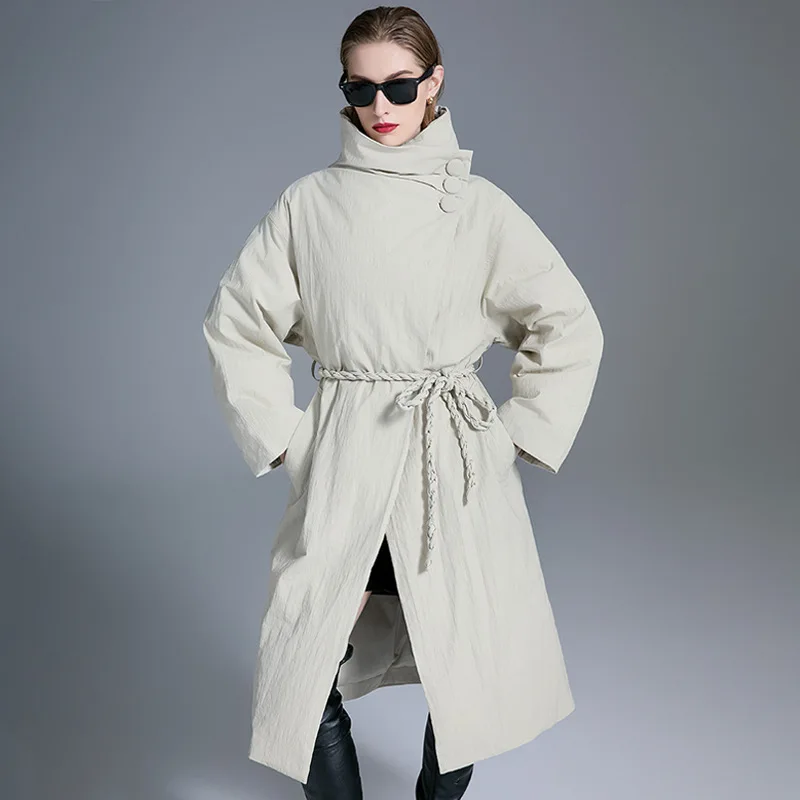Luxury Brand White Duck Down Puffer Jacket Stand Collar Long Down Jacket Winter Warm Thick Coat Windproof Jacket Buttons Belt