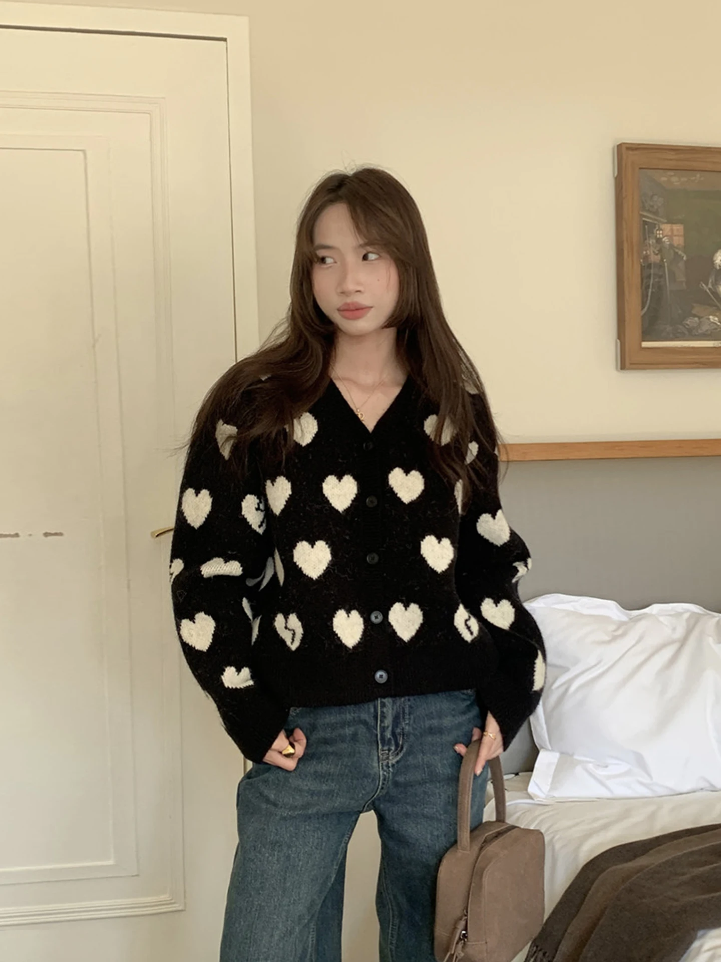 

Retro Heart Print V-Ne Sweater Cardigan Women's Autumn Winter Soft Versatile Knitted Top Commute Sle Loose Fit Long Sve