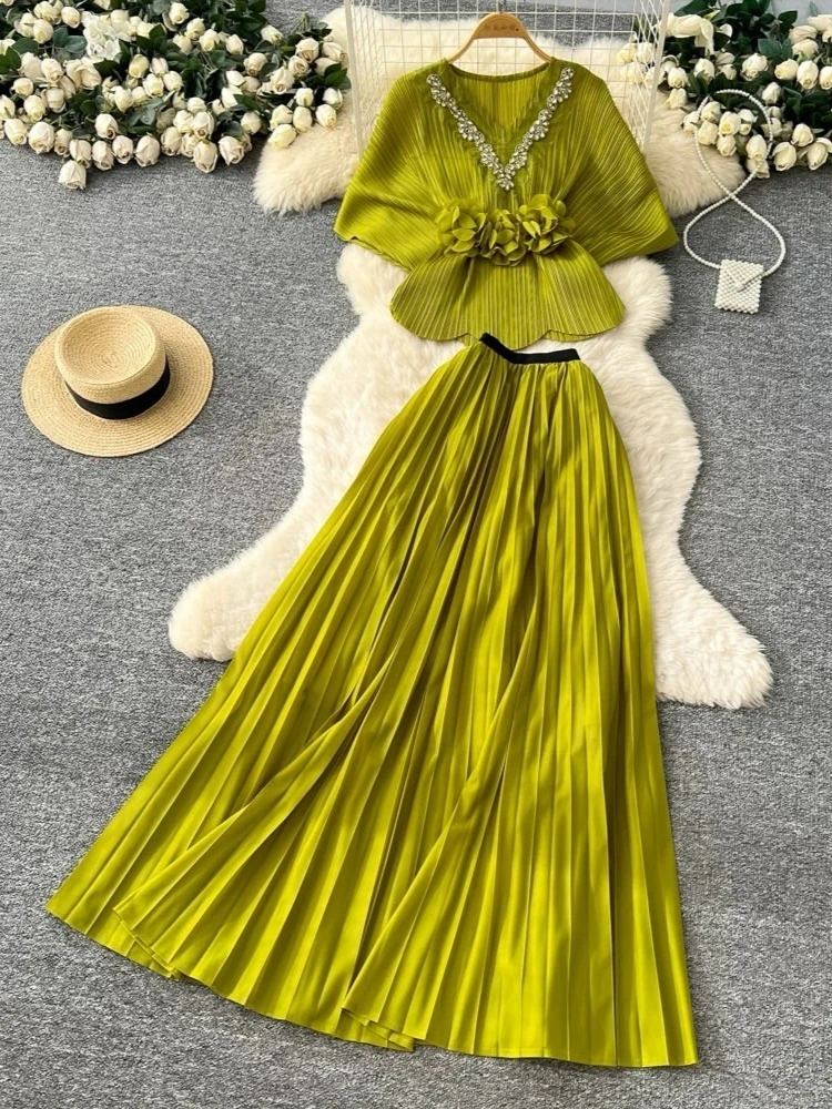 EGRM Elegant Rhinestone Pleated Skirt Sets Slim Party Club Vintage Dress American Fashion Women Clothes Two Piece Set 9R3018