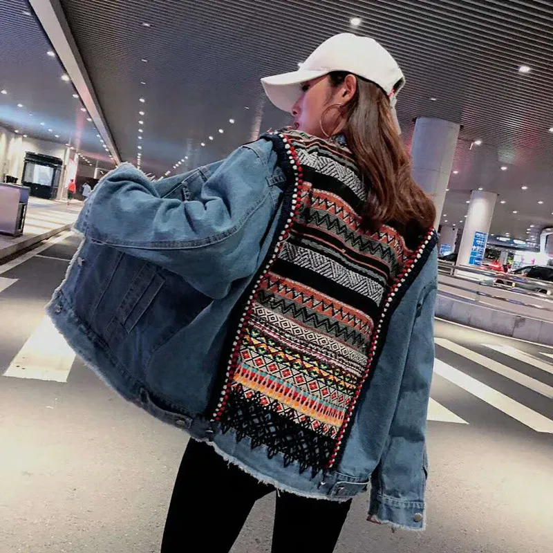 

Vintage Denim Jacket Women Spring Autumn New Fashion Ethnic Stripe Appliques Embroidery Outerwear Loose Jeans Coat Female B259