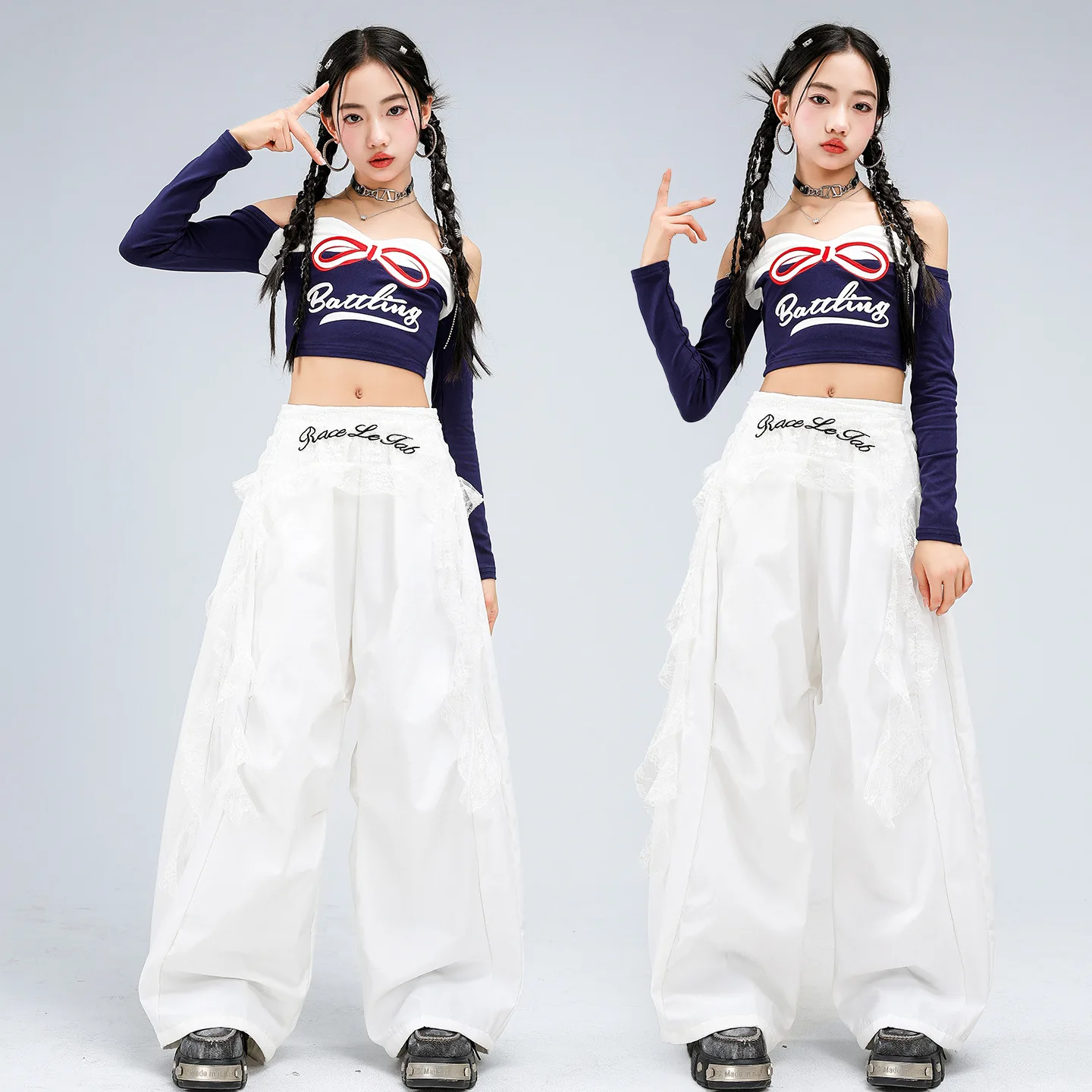 

Kid Kpop Hip Hop Clothing Navy Blue Off Shoulder Crop T Shirt Top White Curved Blade Pants for Girl Street Dance Costume Clothes