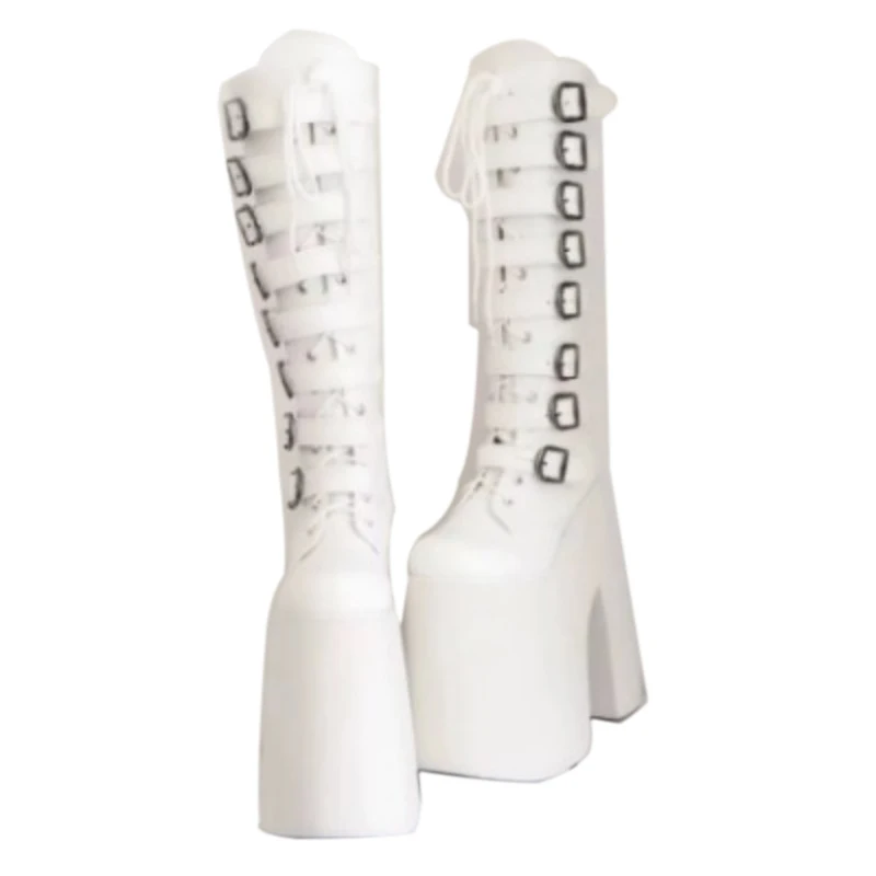 SHOFOO schoenen Modieuze dameslaarzen met hoge hakken. Ongeveer 20 cm hakhoogte. Knielange damesschoenen. Witte laarzen. Modeshow