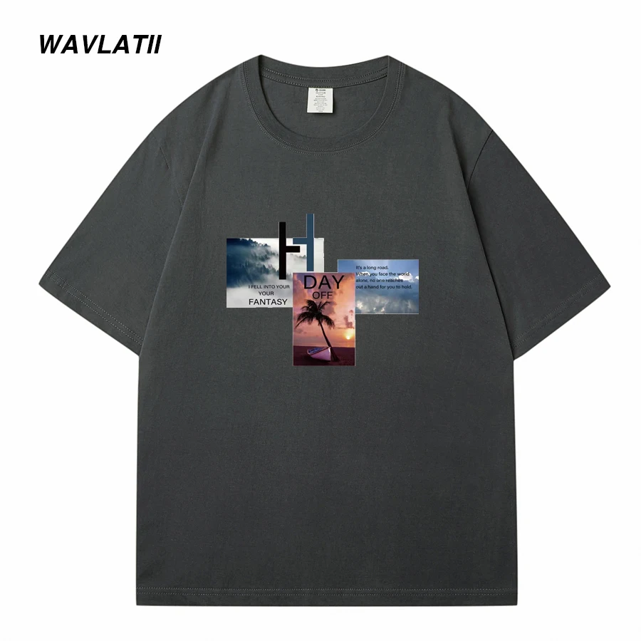 WAVLATII New Men Cool Printed T shirts for Summer Male Dark Grey Casual Short Sleeve Tees Black White Basic Tops WMT2310