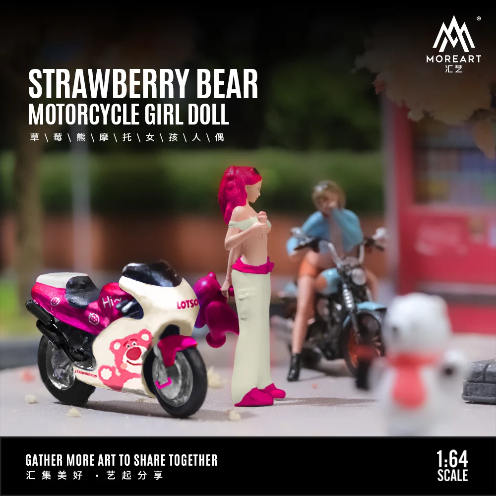 Moreart 1:64 Strawberry Bear Motorcycle Girl Figure Set