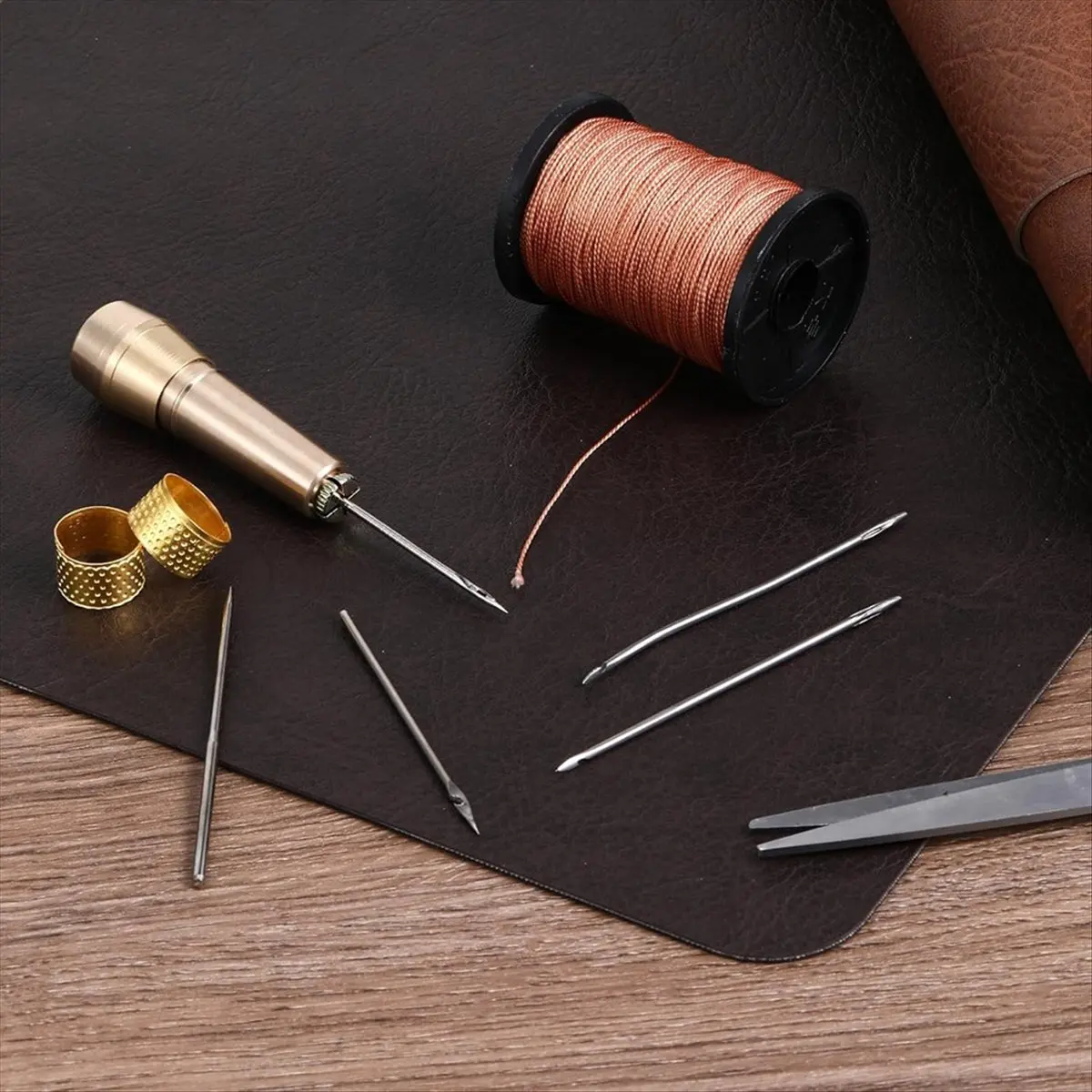 9pcs Leather Sewing Awl Kit with Copper Handle with 6 Needles for Leather Craft Needle Kit Shoe Repair Tool [2026 MOCC]