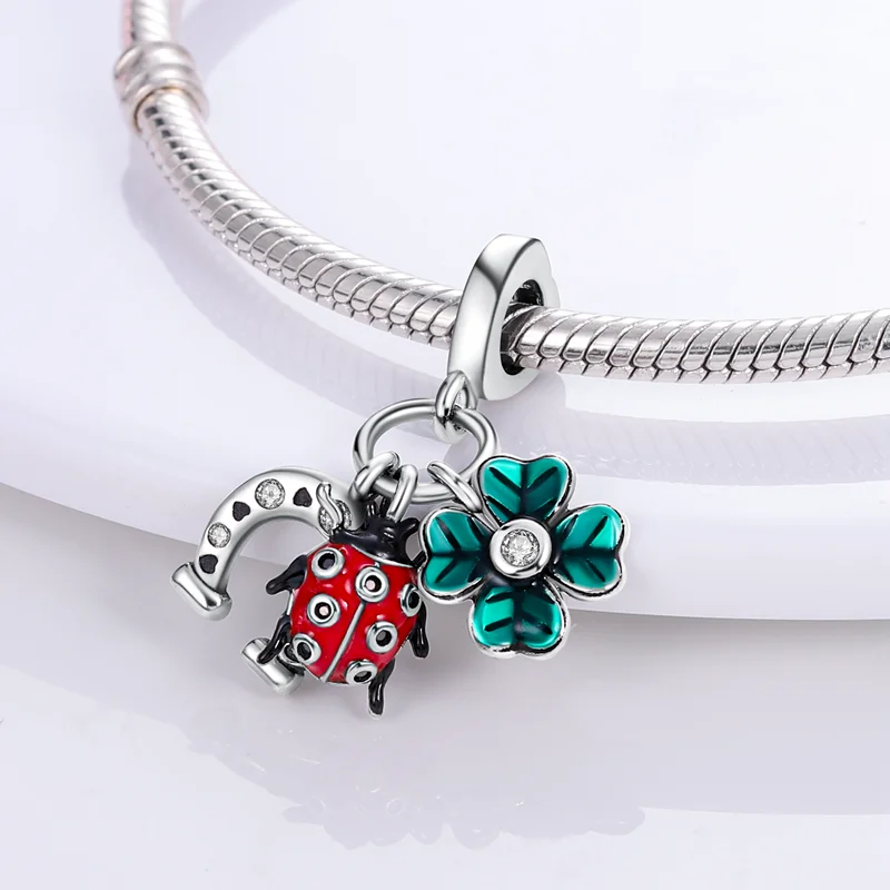 Original S925 Silver Plated Sunflower Ladybug Clover Charms Pendants Fit Original Bracelets Fine DIY Birthday Jewelry Gifts