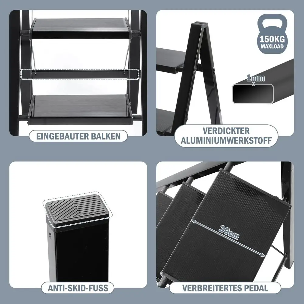 Lightweight 2-Step Folding Ladder with Non-Slip and Load-Bearing Capacity up to 150 kg, Black for Kitchen and Household Use image 3