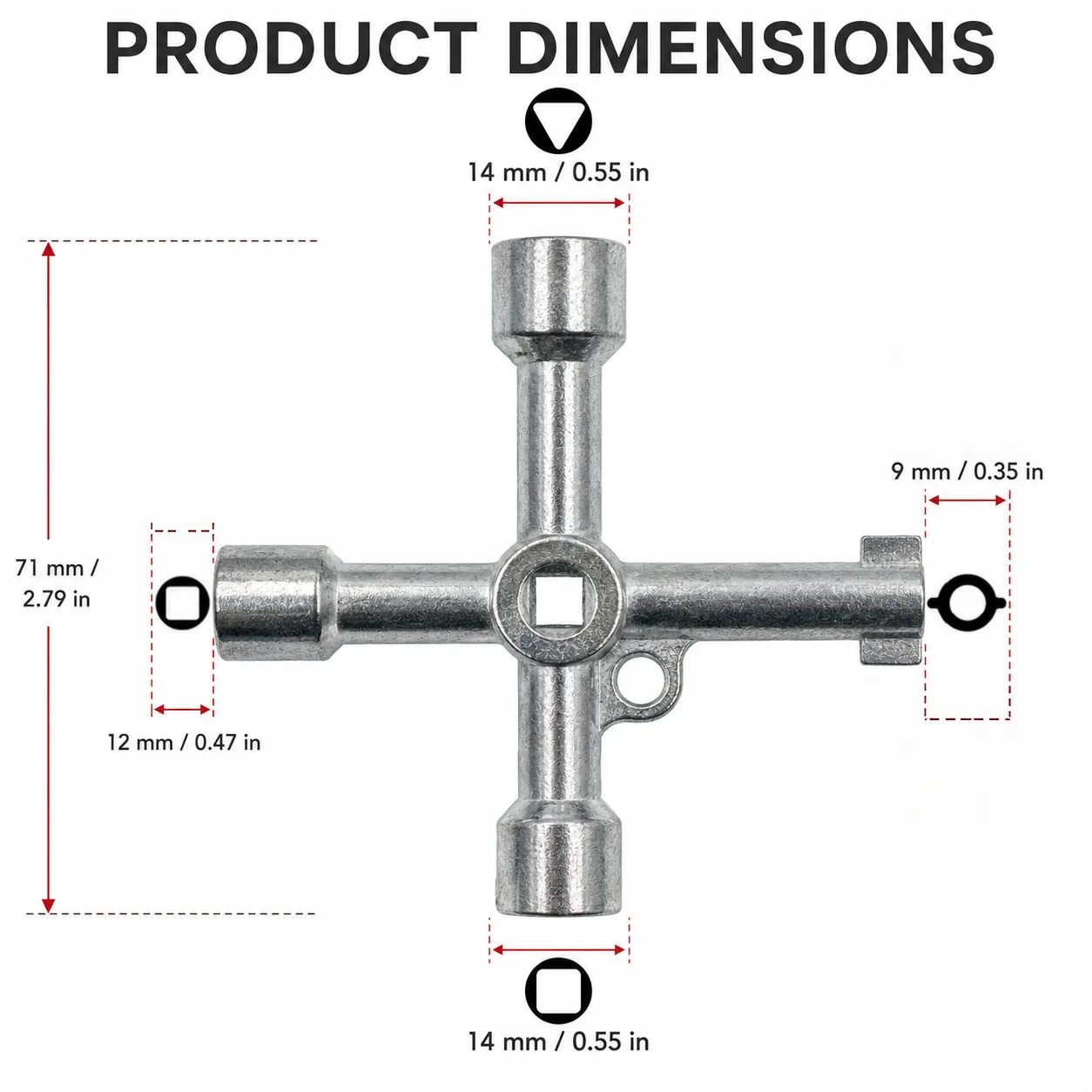 4‑Interface Cross Cabinet Wrench Key, Zinc‑Alloy Multi‑Size Socket for Electric Box & Valve