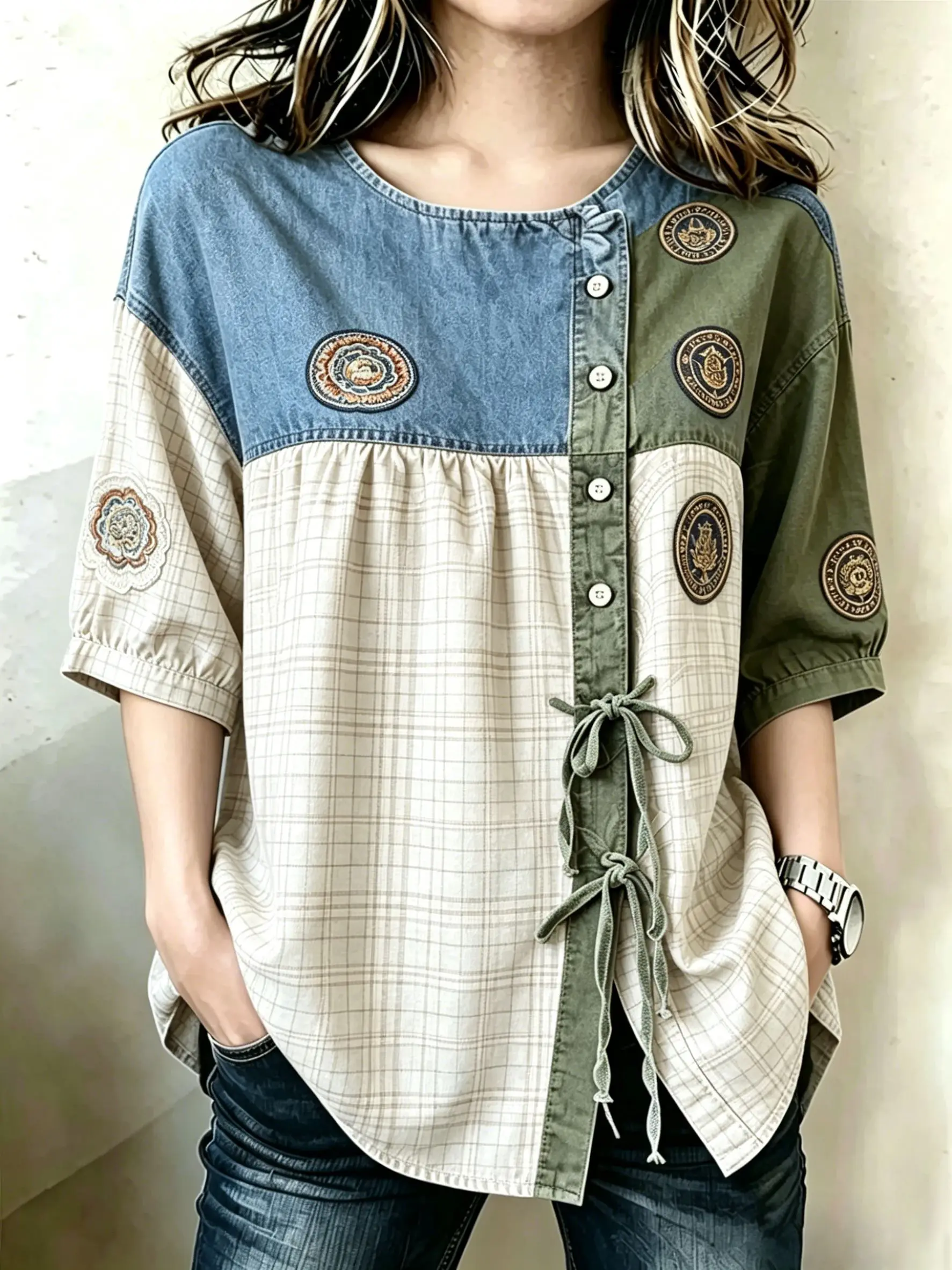 Women's Color Block Plaid & Badge Patchwork Drawstring Button Up Blouse, Casual Round Neck Tops for Spring Summer Daily Wear