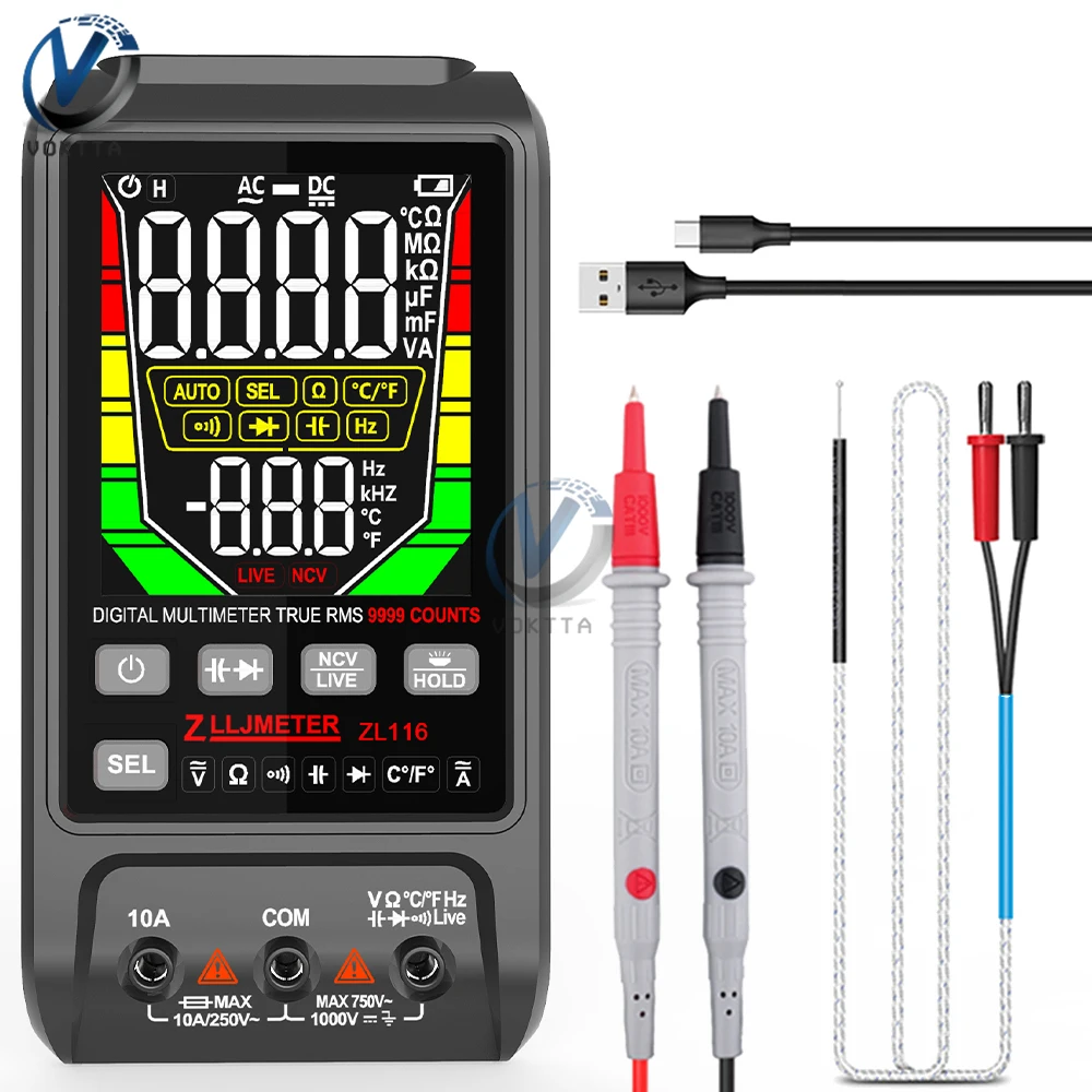 

Smart Digital Multimeter DC/AC Voltage Current Tester USB Rechargeable Capacitance Meter Ohm NCV Resistance Transistor Tester