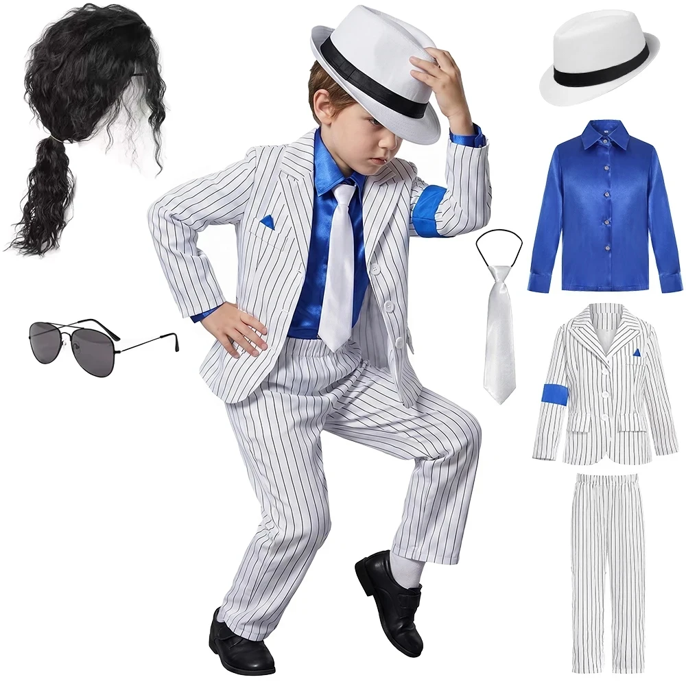 Halloween Carnival Boys Jackson Costume Dancer Singer Moonwalk Stage Outfits 80s Pop Rock Superstar Dress Up White Striped Suit
