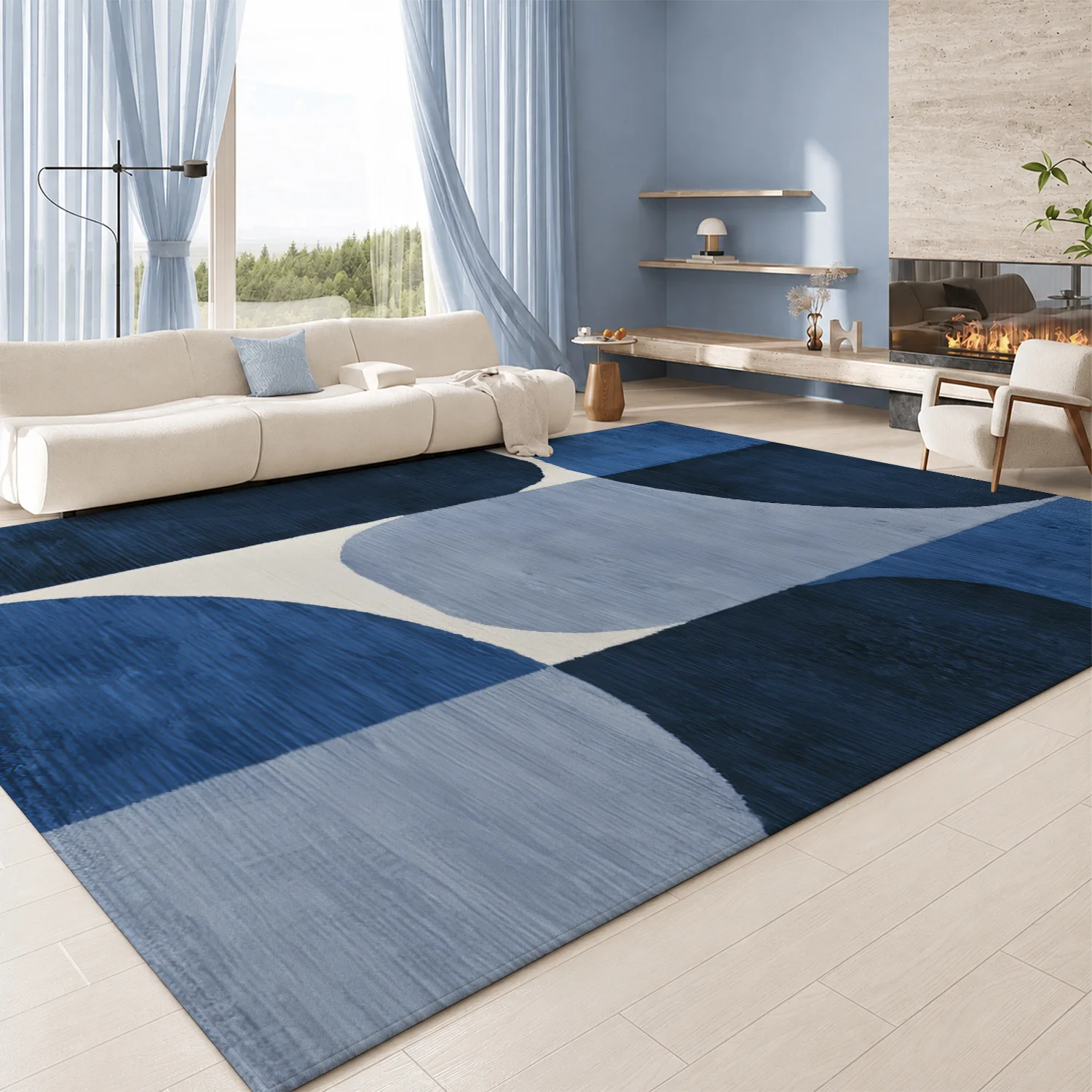 Large Indoor Area Rug, Soft Velvet Low Pile Rug with Non-slip Dotted Backing, Machine Washable Modern Abstract Blue Geometric Pattern Floor Carpet for Living Room, Bedroom, Contemporary Home Decor