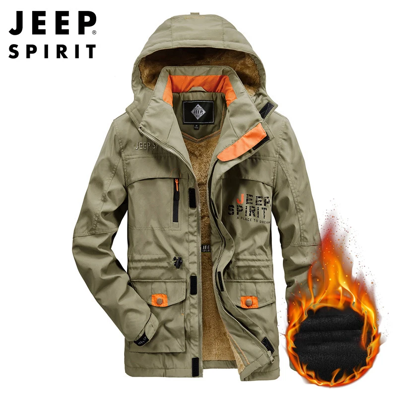 JEEP SPIRIT autumn  winter mid-length cotton jackets men plus velvet thickening loose cold-proof warm high-quality coat clothes