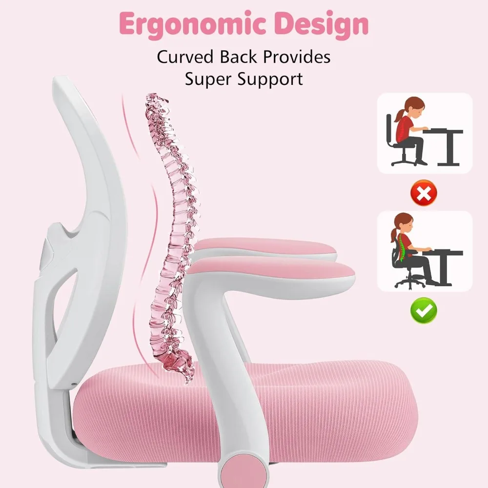 Kids Desk Chair Ergonomic Study Chair with Flipped Armrest and Footrest Adjustable Height Swivel Kids Computer Chair