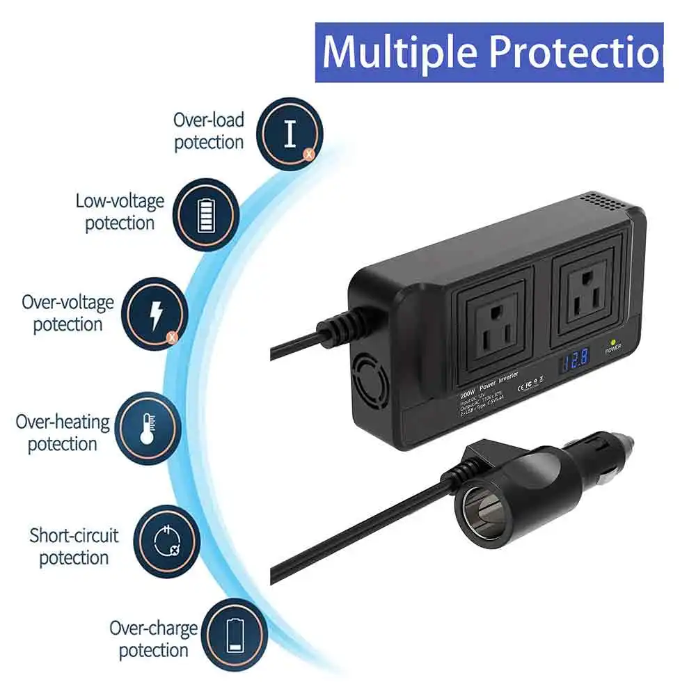 

200W 12V to 220V Modified Sine Wave Car Power Inverter with 2 USB & Type C Output 5.0V 5.4A Dual Car Charger Power Inverter
