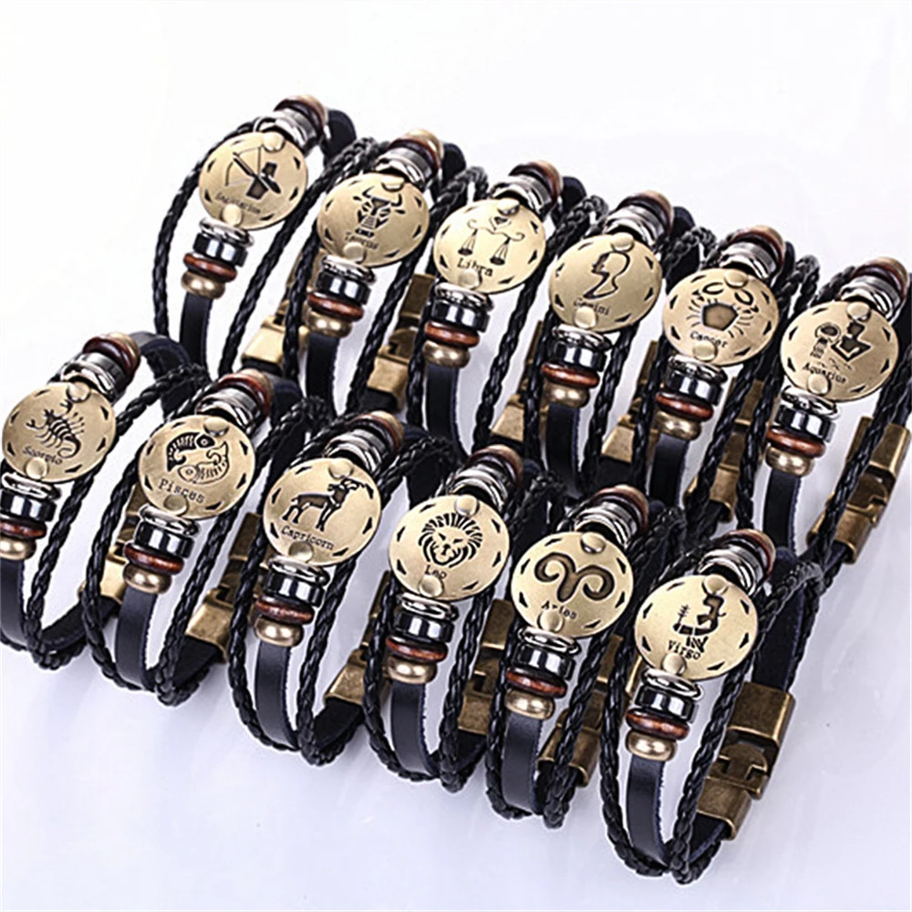 12Pcs/Lot 12 Constellation Leather Bracelets Zodiac Sign Handmade Cabochon Punk Men Jewelry Horoscope Astrology Birthday Gifts