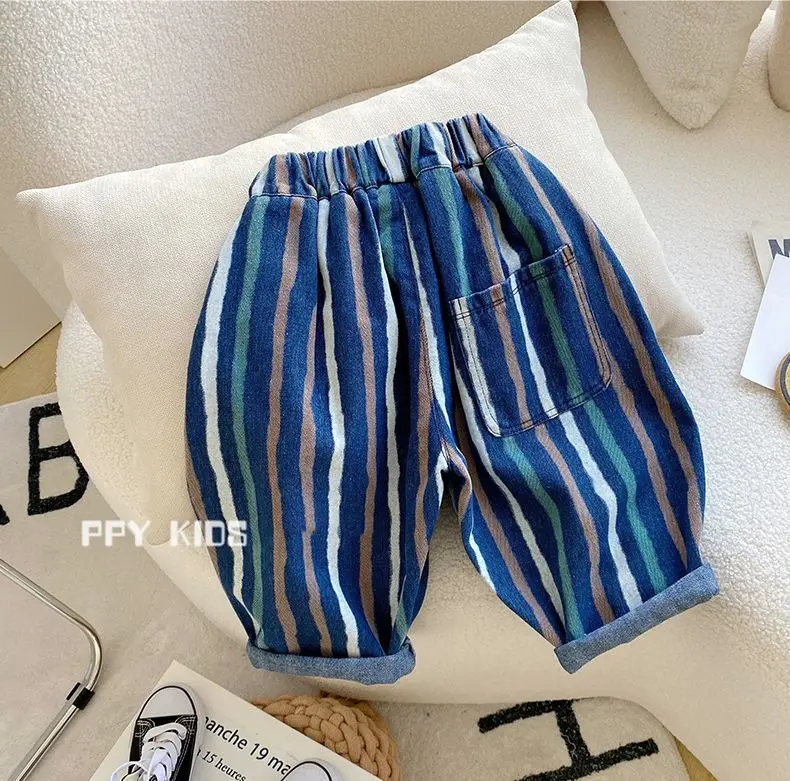 2026 New Stlye Girls Boys Denim Striped Pants Spring Cotton Fashion Kids Jean Pants 1-8t A190