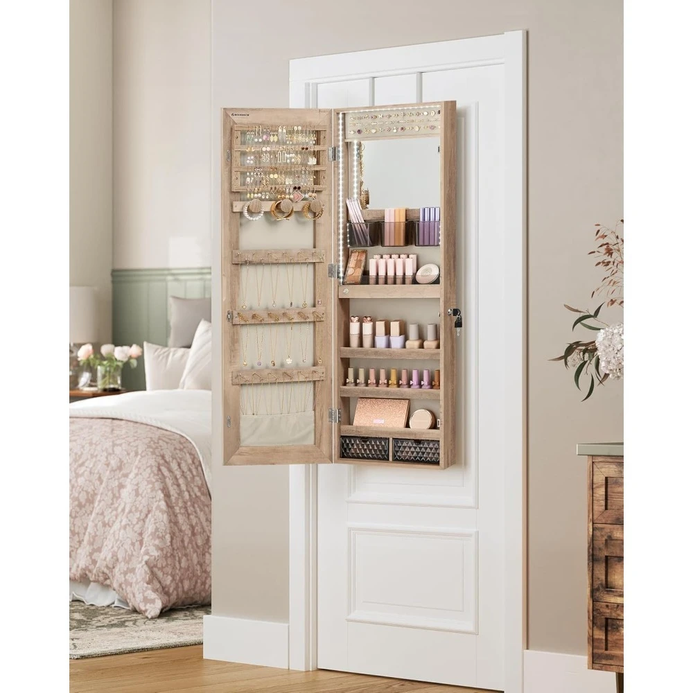 

Jewelry Cabinet Armoire Organizer with LED Lights, Wall-Mounted Storage Cabinet with Full-Length Frameless Mirror