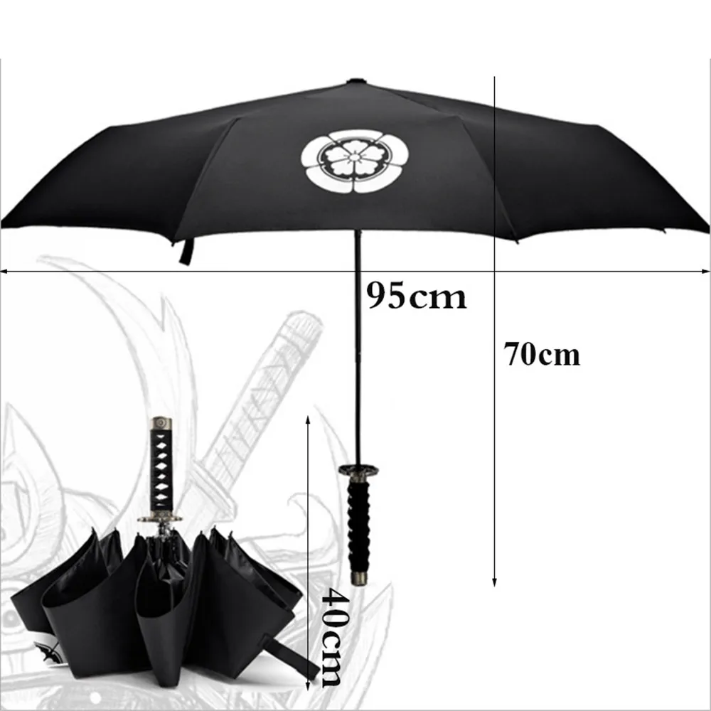 Black Coating Windproof Japanese Ninja-like Samurai Sword Umbrella Three Fold Short Handle Rain Sun Straight Umbrella Ribs