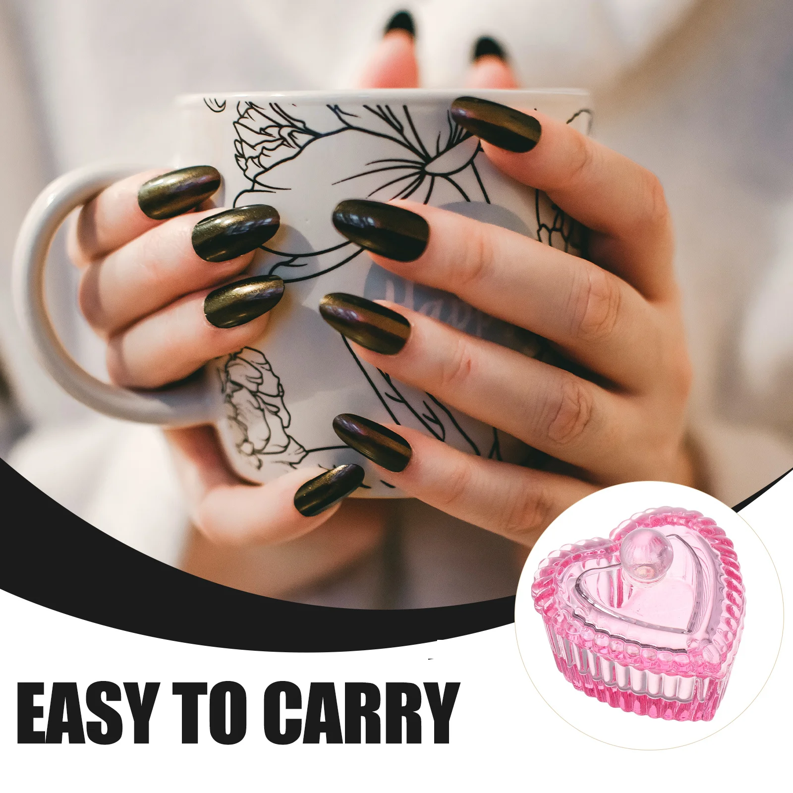 Kryształowe serce, szklany kubek na paznokcie, pokrywka, pędzel do paznokci, kubek do mycia, pojemnik na płyn do zmywania lakieru, miseczka do monomeru, pojemnik na monomer.