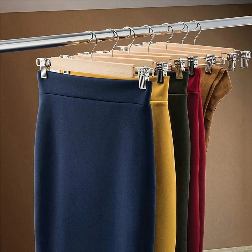 AD30-10 Pack Wooden Skirt Hangers with Adjustable Clips Non-Slip Trouser Hanger Natural Lotus Wood Pants Hangers 360°