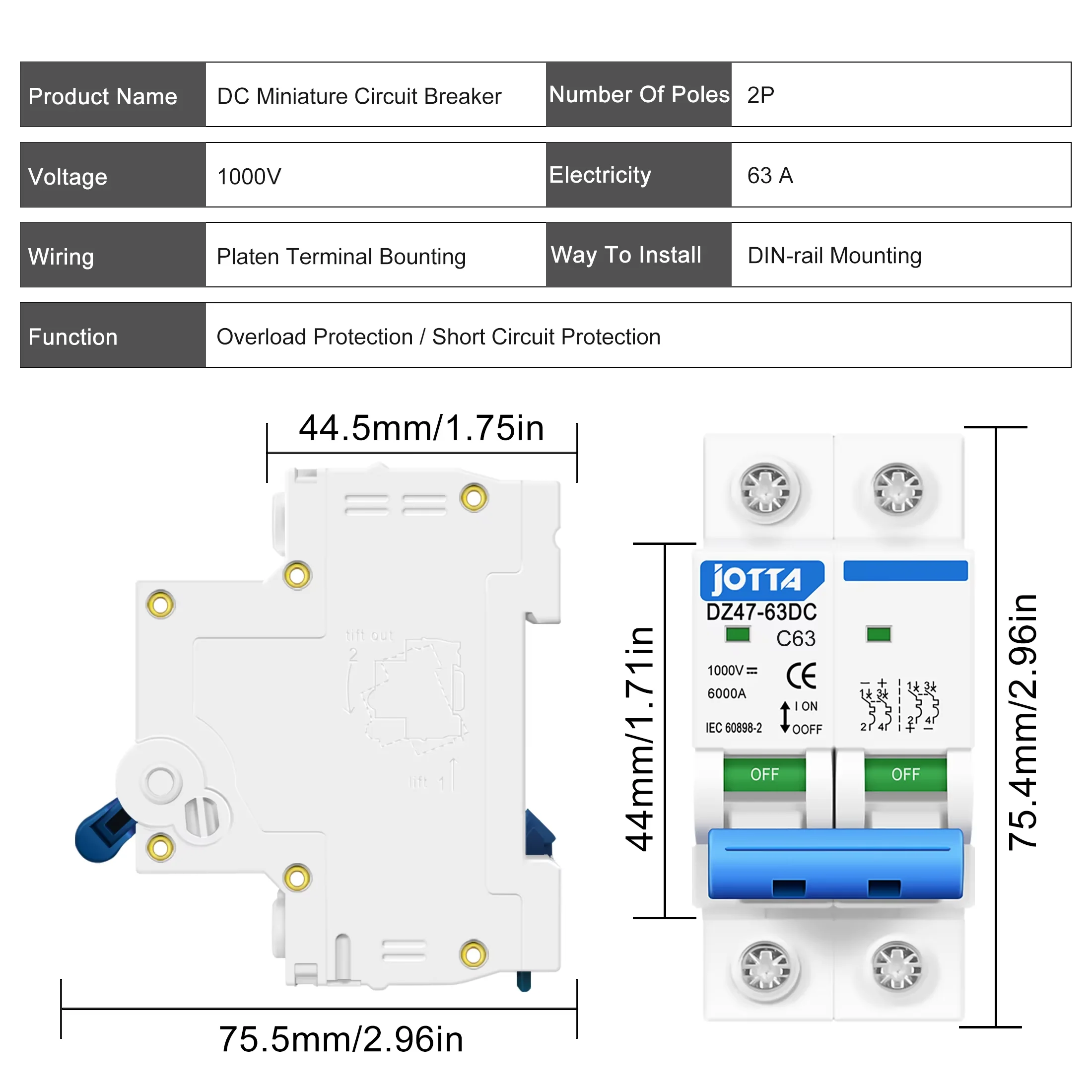 1PCS Miniature Circuit Breaker DC1000V 2P  2P 16A 20A 25A 32A 40A 63A Mini DC MCB Fuse Disconnect Switch For PV Solar System
