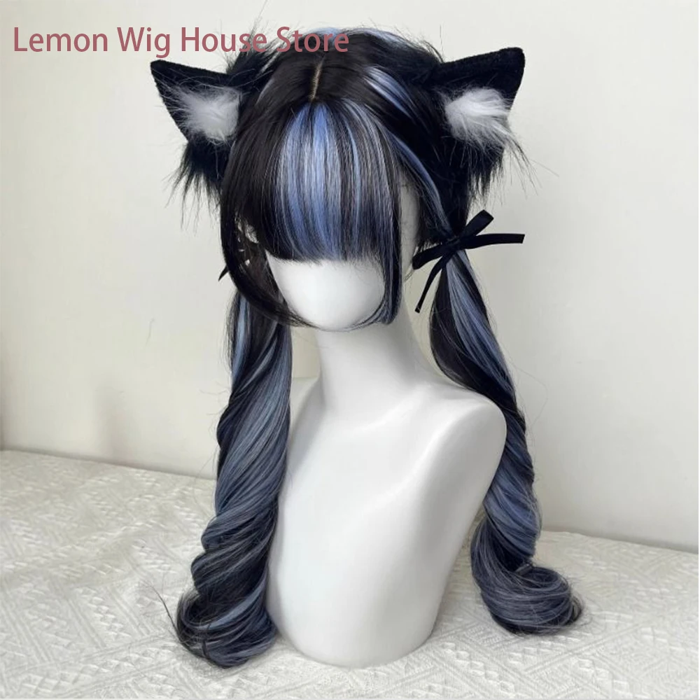 Long Wavy Curly Lolita Wig Anime Cosplay Wig Blue Ombre Black Gothic Double Ponytail Hair Women Girls Halloween Party Kawaii Wig