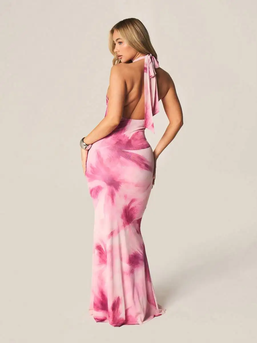 

Floral Print Halter Neck Backless Maxi Dress For Summer Wedding Guest Events