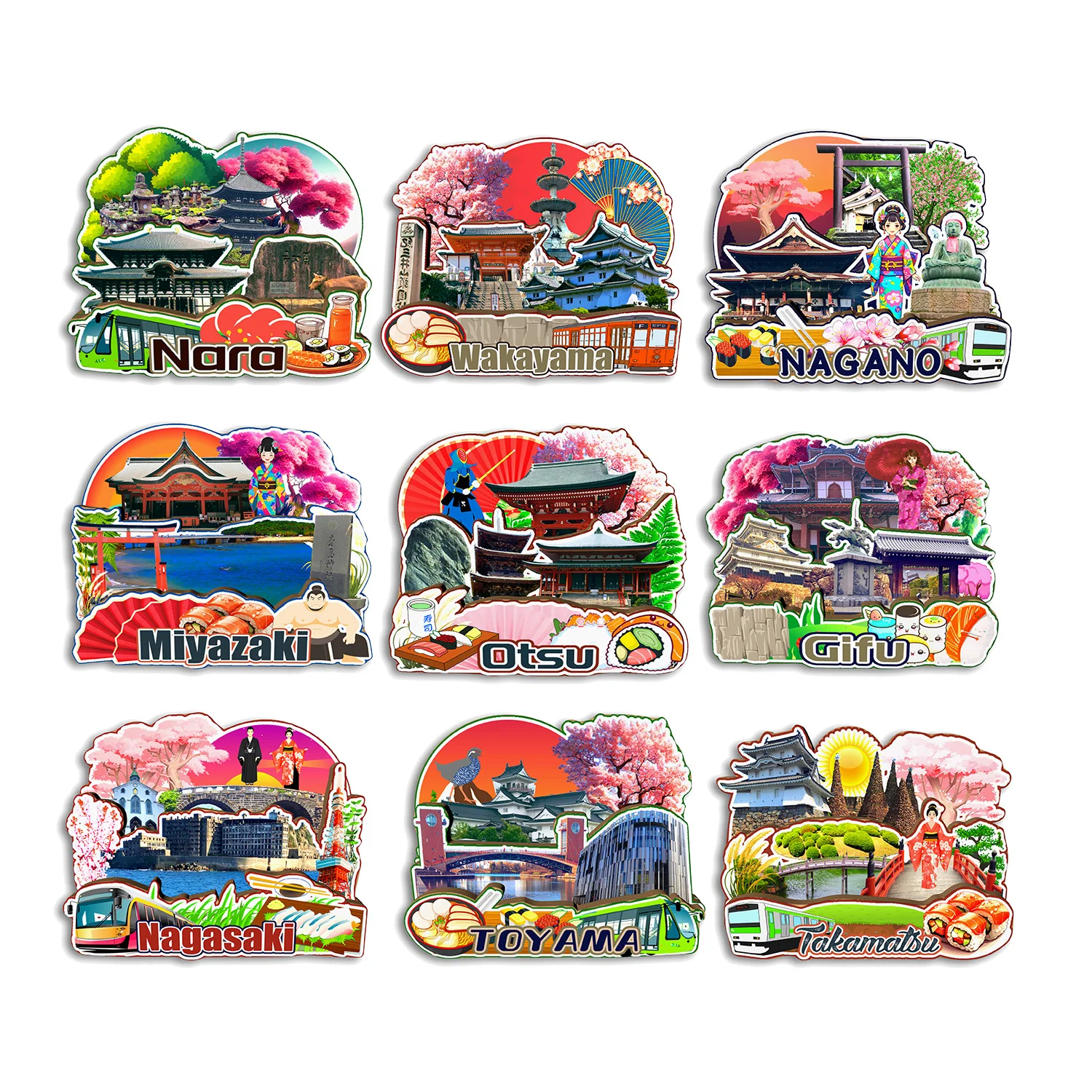 Takamatsu Toyama Nagasaki Gifu Miyazaki Nagano Takayama Nara Otsu Japón imán para nevera regalo de recuerdo de viaje