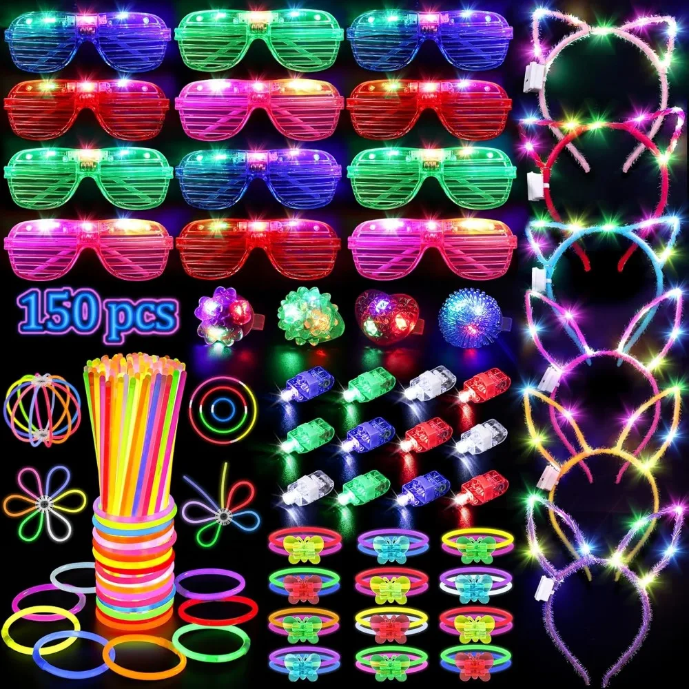 

150PCS Glow in the Dark Party Supplies for Kids Adults, Light Up Party Favors with Light Up Glasses, Headband, Rings, 100 Glow S