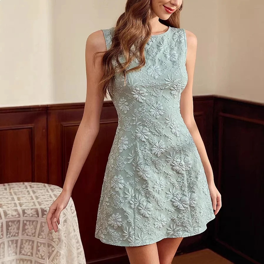 Sleeveless A-Line Jacquard Dress Summer Bodycon Round Neck Short Dress Jumpsuit Playsuit