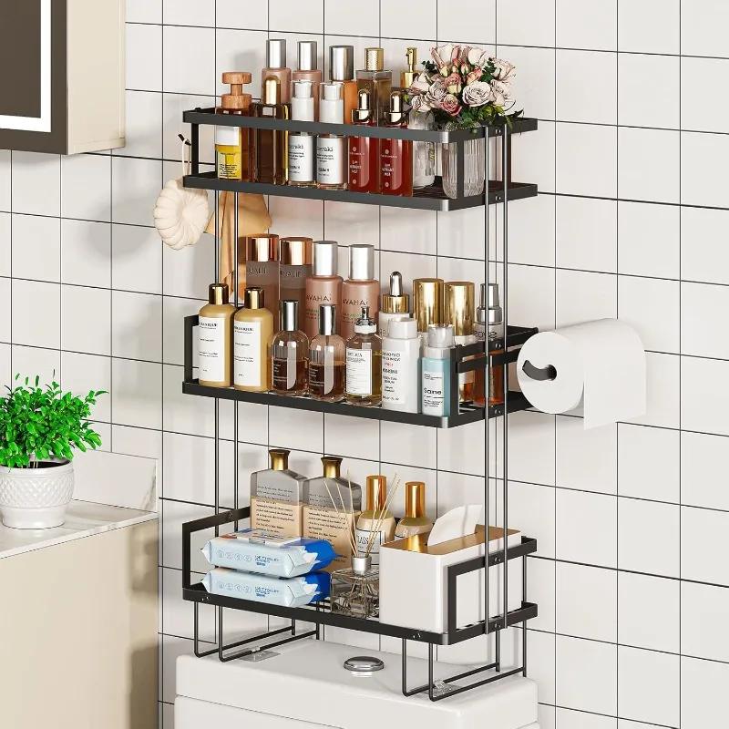 Bathroom Organizers and Storage, 3-Tier Bathroom Shelves, Over Toilet Storage with Paper Holder and 2 Hooks